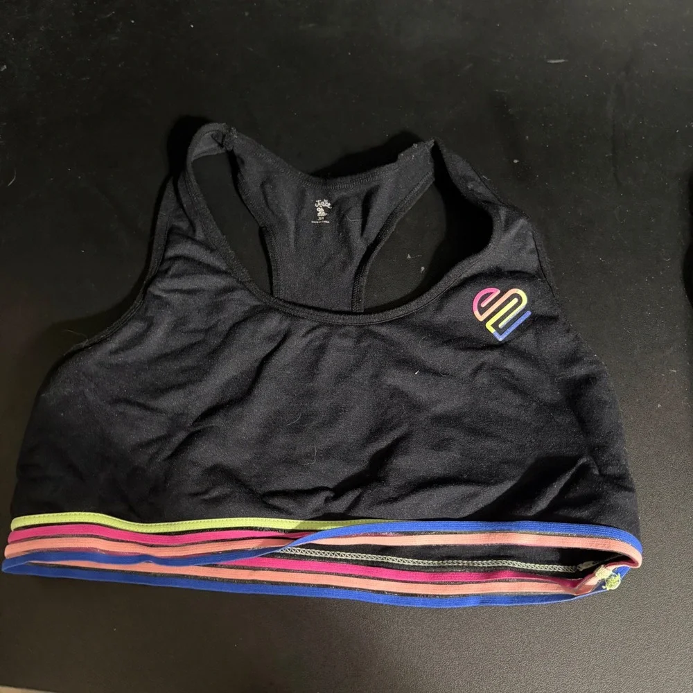 Justice Sports Bra Girls 36 Black Rainbow‎ Striped Elastic Racerback Heart Logo